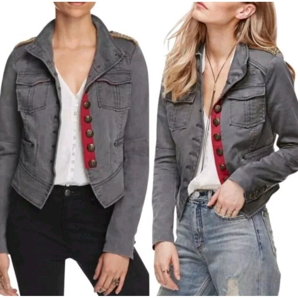 Free People Military Jacket Women S Grey Beaded Epaulettes Crest Button Utility